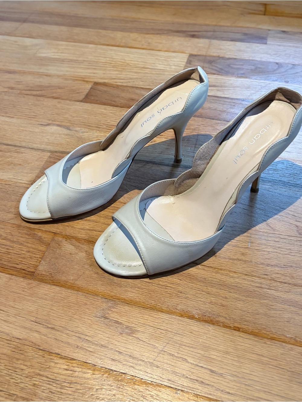 Urban Soul Scalloped Edge Cream Open-Toe Stiletto Heels